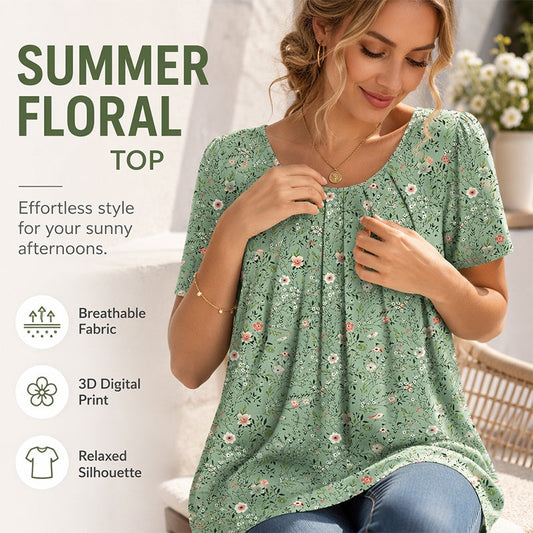 🩳 Bluză pentru femei cu gât rotund, mânecă scurtă, cu imprimeu floral