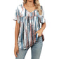 Women's V Neck Printed T-Shirt Casual Short Sleeve Pleated Top