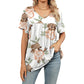 Women's V Neck Printed T-Shirt Casual Short Sleeve Pleated Top