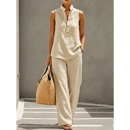 👖 Costum pentru femei: Top minimalist fără mâneci și pantaloni cu picior larg