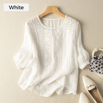 👕 Bluză pentru femei, subțire, cu broderie, din bumbac și in, respirabilă, cu mânecă scurtă și guler rotund