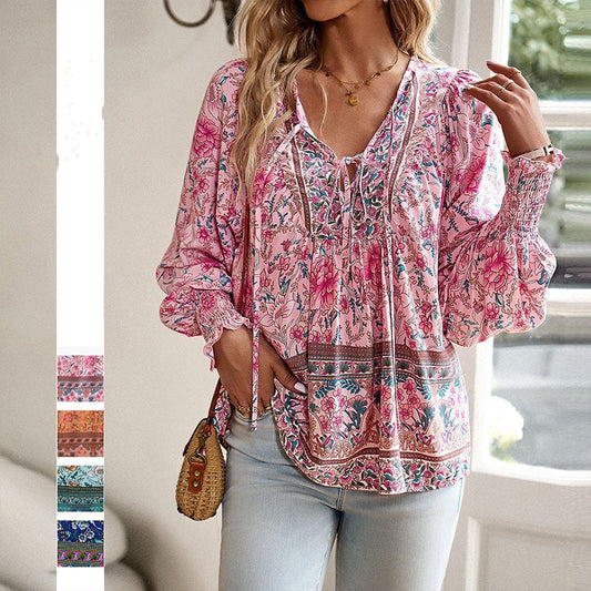 👕 Bluză pentru femei, tip fashion, cu imprimeu, decolteu în V, mâneci lungi