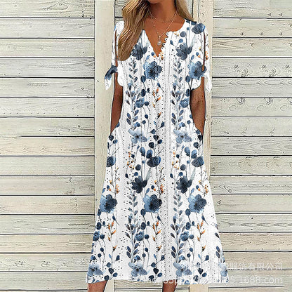 👗 Rochia de dama casual cu imprimeu floral si decolteu in V