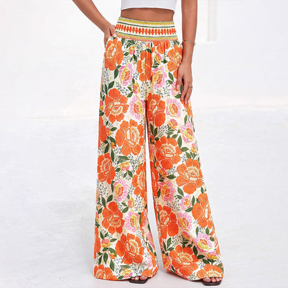👖 Pantaloni pentru femei cu imprimeu floral, talie înaltă, croi evazat