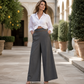 👖 Pantaloni pentru femei, cu talie înaltă și picior larg, cu ornamente contrastante