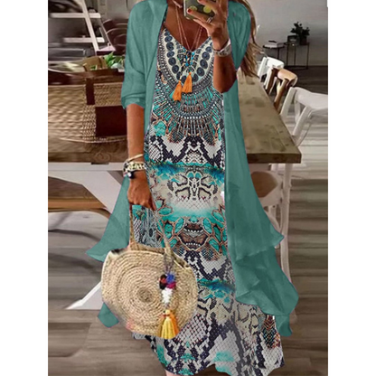 Women's Flowy Printed Dress with Cover-Up Set