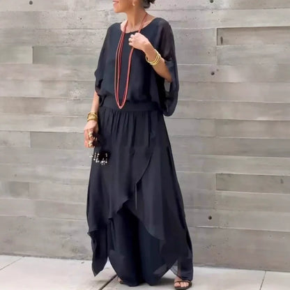 👖 Set din 2 Piese Chiffon cu Top Lejer și Pantaloni Evazați cu Croială Laterală