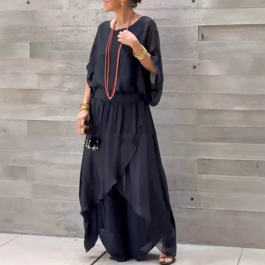👖 Set din 2 Piese Chiffon cu Top Lejer și Pantaloni Evazați cu Croială Laterală