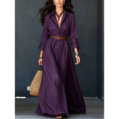 ✨ 👗 Rochii lungi cu mâneci lungi pentru femei, cu curea, guler clasic răsfrânt, rochie lungă de vacanță și stațiune