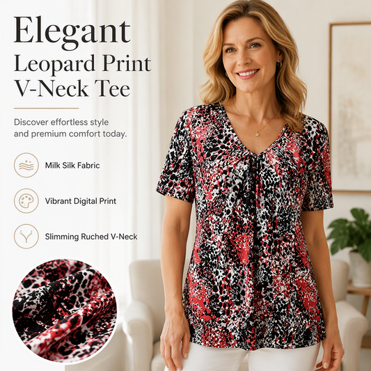 👕 Bluză pentru femei cu decolteu în V, imprimeu leopard, mâneci scurte, tunică cu pliuri