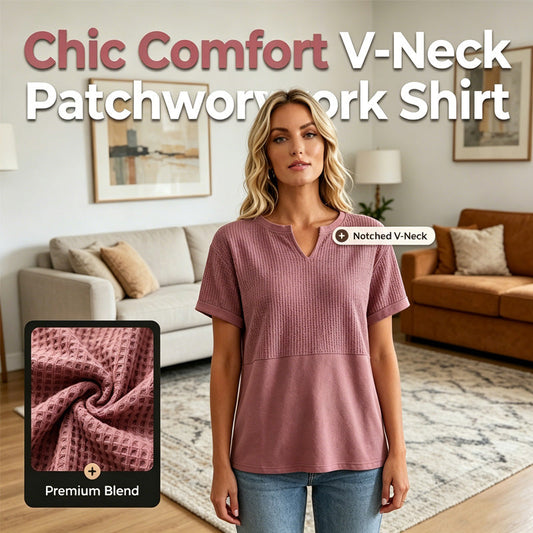 👕 Bluză casual pentru femei, cu decolteu în V și mâneci scurte, din material patchwork