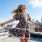 Women's Floral Puff-Sleeve Striped Mini Dress