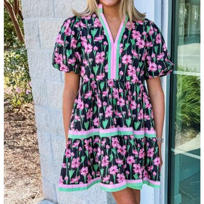 Women's Floral Puff-Sleeve Striped Mini Dress