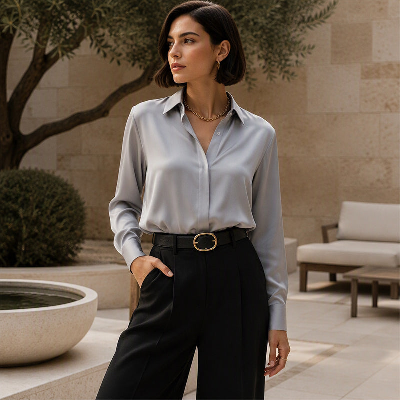 👕 Vielseitiges, seidenweiches Satin-Langarmhemd für Damen