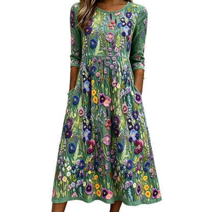 👗🌺Rochie midi cu imprimeu floral, mâneci 3/4, cu buzunare, pentru femei
