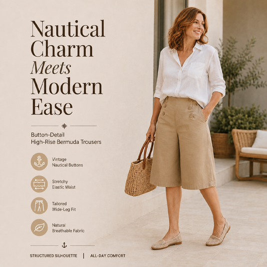 👖 Pantaloni Bermuda pentru femei, cu talie înaltă și detalii cu nasturi