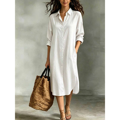 ✨ 👗 Rochie cămașă pentru femei, lejeră, din bumbac și in, cu buzunare