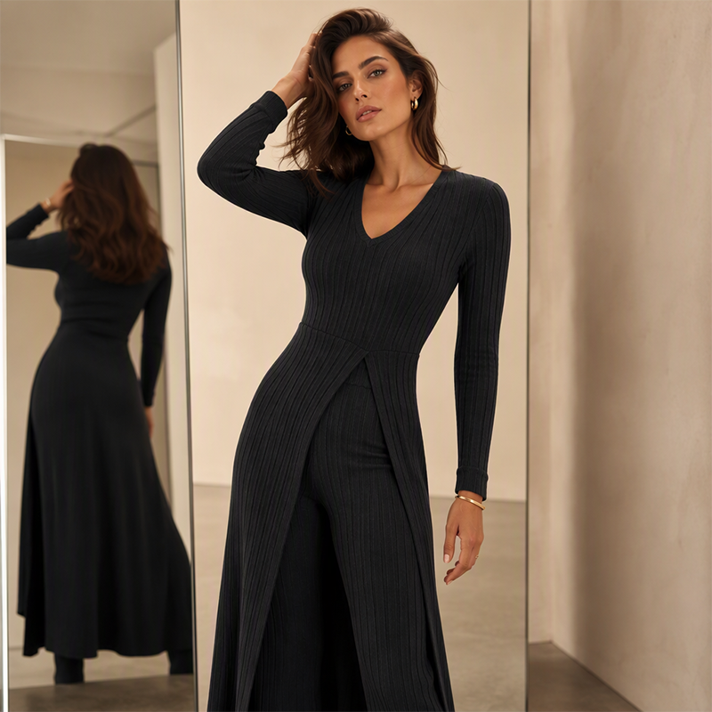 👖 2-teiliges Damen-Set: geripptes Longline-Top & schmale Hose