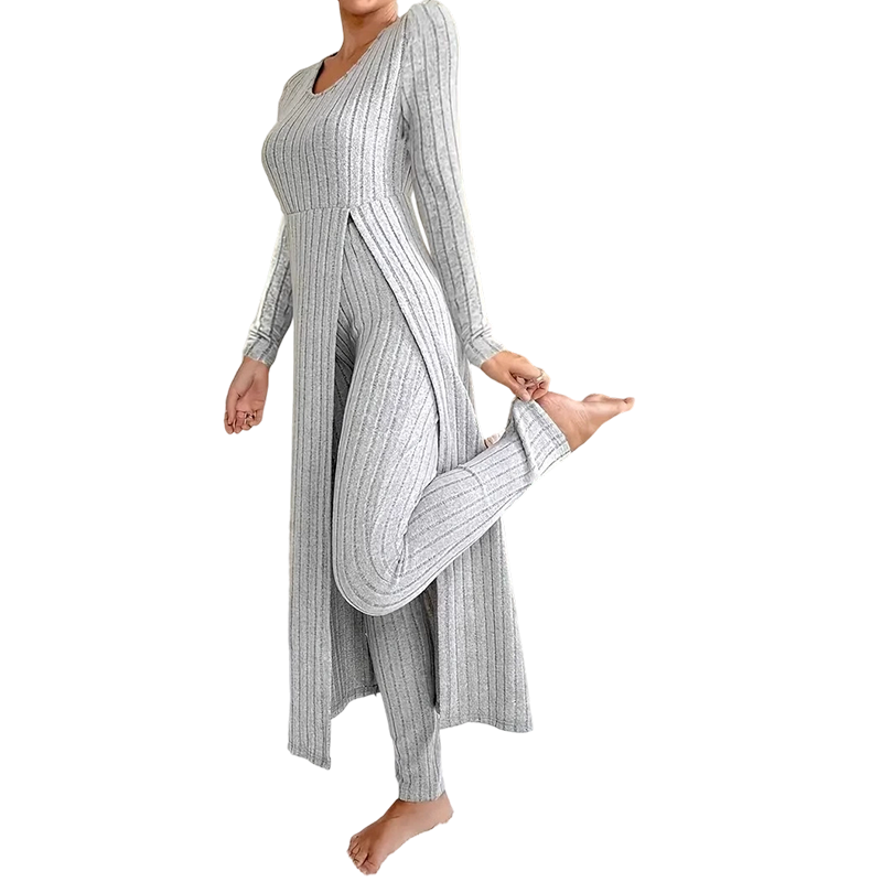 👖 2-teiliges Damen-Set: geripptes Longline-Top & schmale Hose