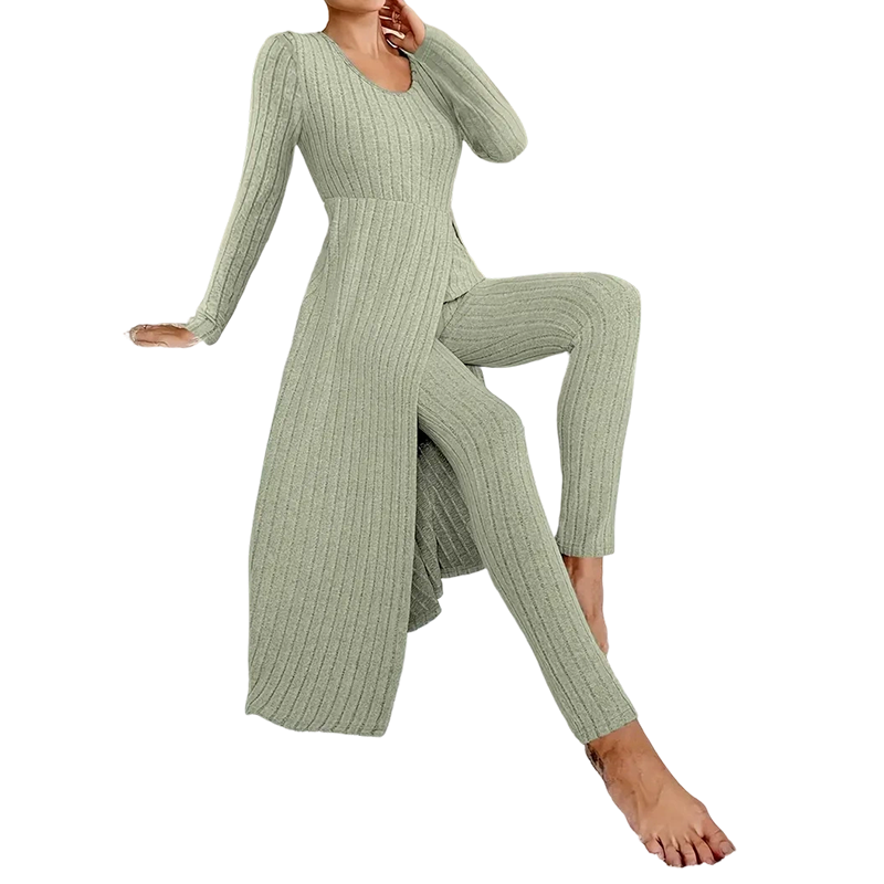 👖 2-teiliges Damen-Set: geripptes Longline-Top & schmale Hose