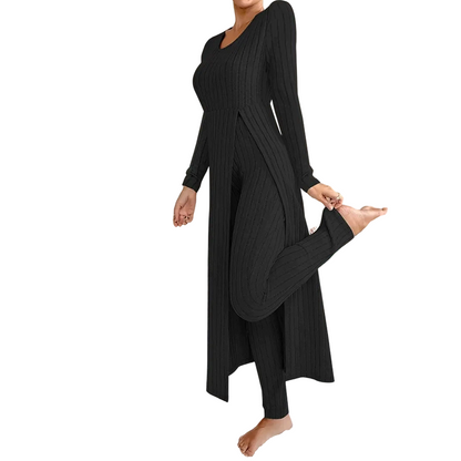 👖 2-teiliges Damen-Set: geripptes Longline-Top & schmale Hose