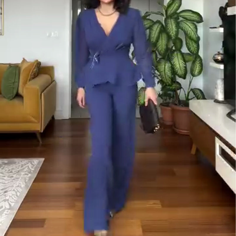 Women's V-Neck Top & Pants 2-Piece Set