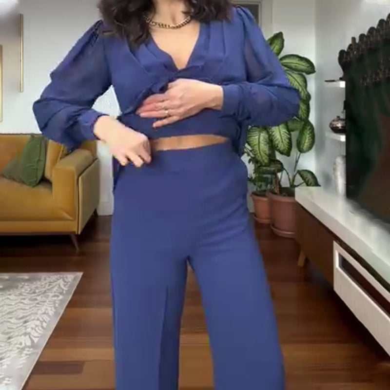 Women's V-Neck Top & Pants 2-Piece Set