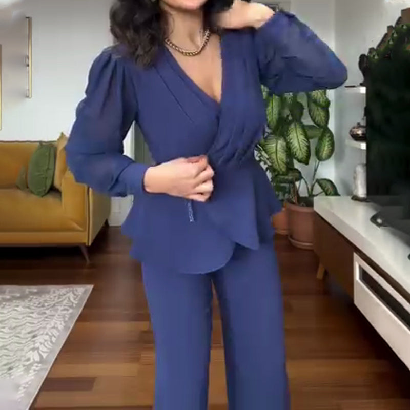 Women's V-Neck Top & Pants 2-Piece Set