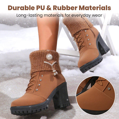Warm gefütterte Damenstiefeletten mit Blockabsatz