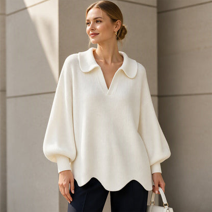 Eleganter Damen-Pullover mit V-Ausschnitt und Puffärmeln