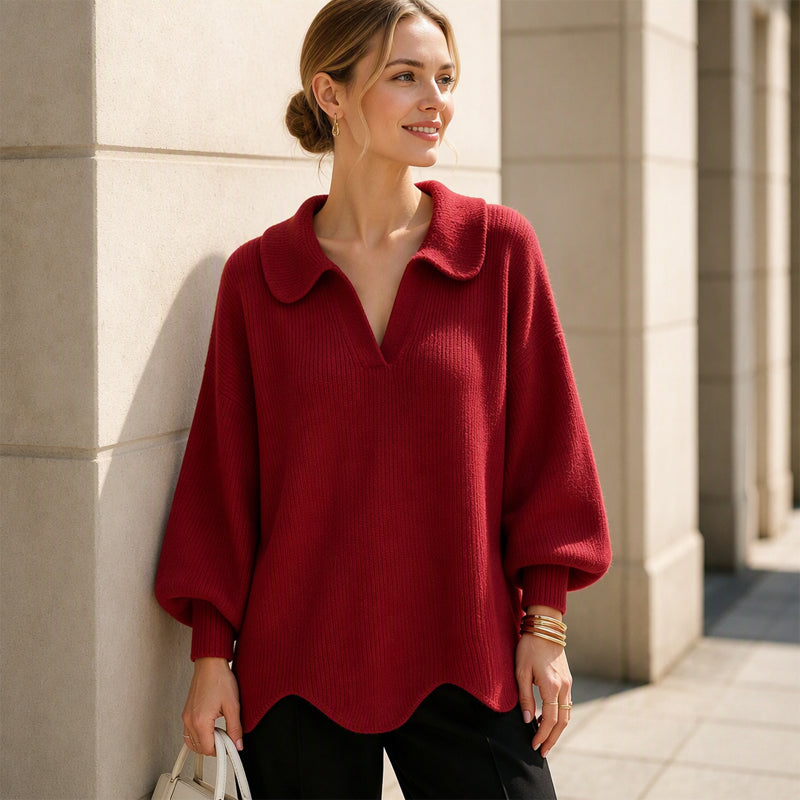 Eleganter Damen-Pullover mit V-Ausschnitt und Puffärmeln