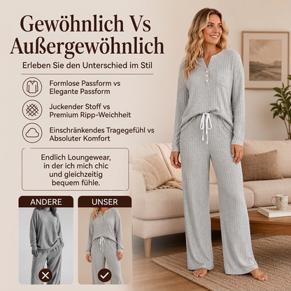 👖 Damen Geripptes Henley-Oberteil und Hosen Set mit weiter Beinform