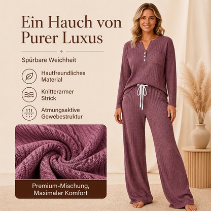 👖 Damen Geripptes Henley-Oberteil und Hosen Set mit weiter Beinform