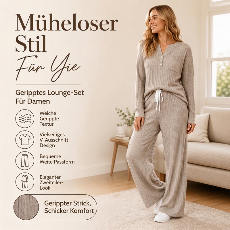 👖 Damen Geripptes Henley-Oberteil und Hosen Set mit weiter Beinform