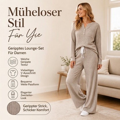 👖 Damen Geripptes Henley-Oberteil und Hosen Set mit weiter Beinform