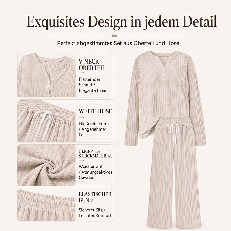 👖 Damen Geripptes Henley-Oberteil und Hosen Set mit weiter Beinform