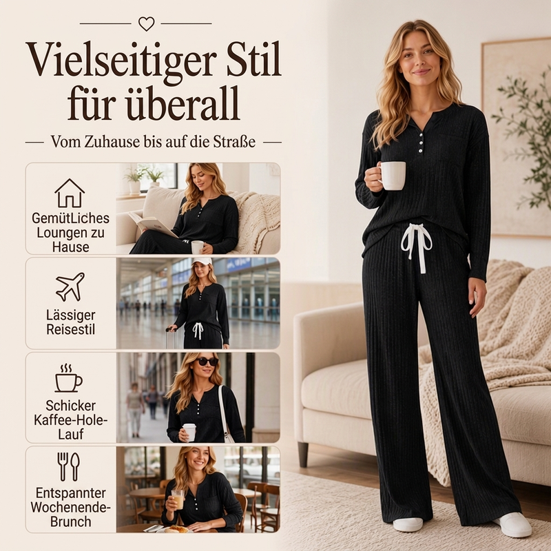👖 Damen Geripptes Henley-Oberteil und Hosen Set mit weiter Beinform