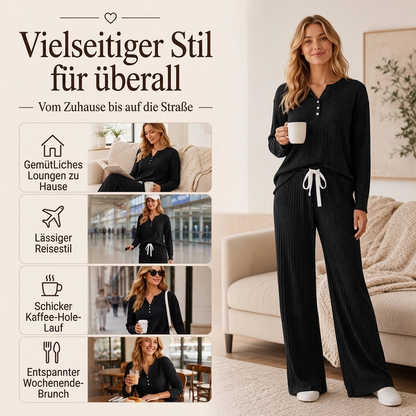 👖 Damen Geripptes Henley-Oberteil und Hosen Set mit weiter Beinform