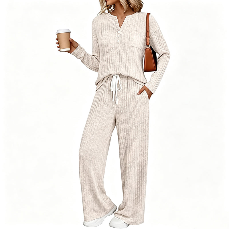 👖 Damen Geripptes Henley-Oberteil und Hosen Set mit weiter Beinform