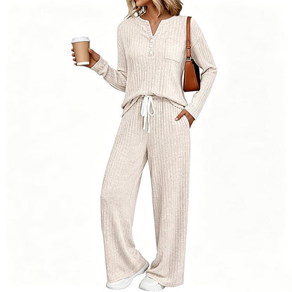 👖 Damen Geripptes Henley-Oberteil und Hosen Set mit weiter Beinform