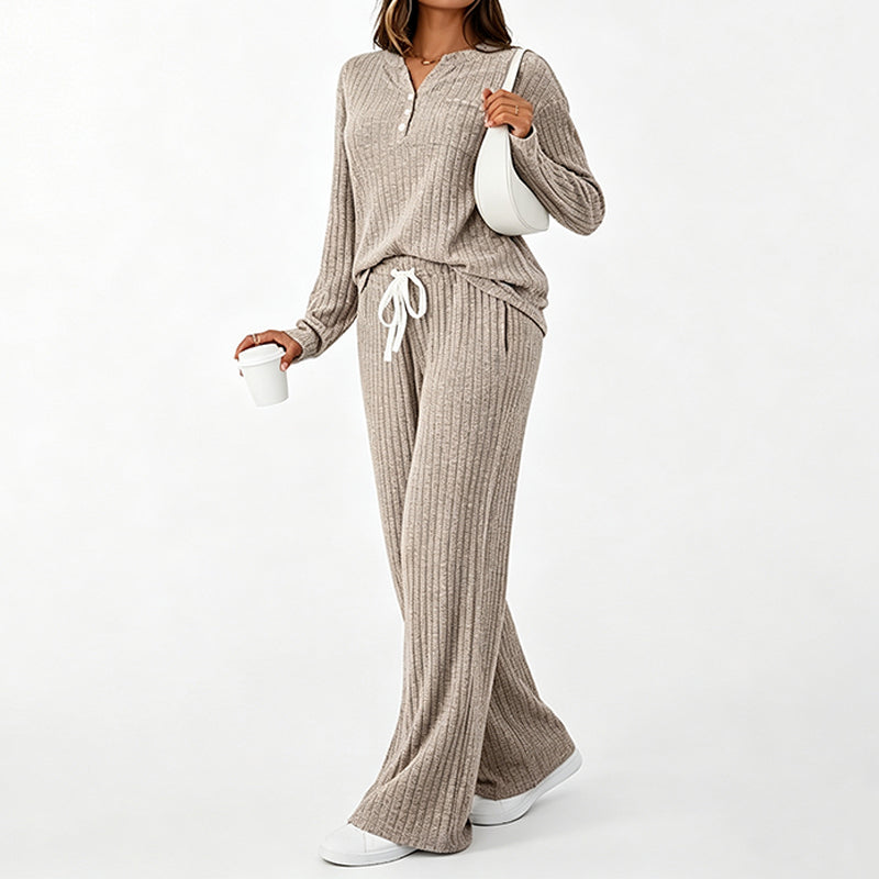 👖 Damen Geripptes Henley-Oberteil und Hosen Set mit weiter Beinform