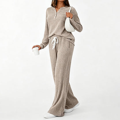 👖 Damen Geripptes Henley-Oberteil und Hosen Set mit weiter Beinform
