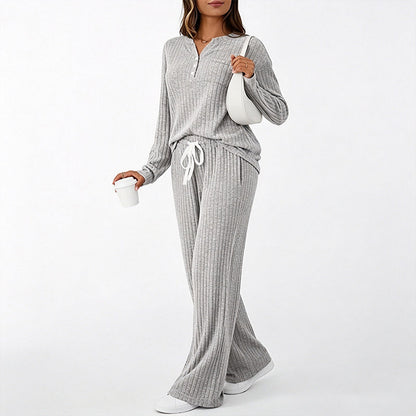 👖 Damen Geripptes Henley-Oberteil und Hosen Set mit weiter Beinform
