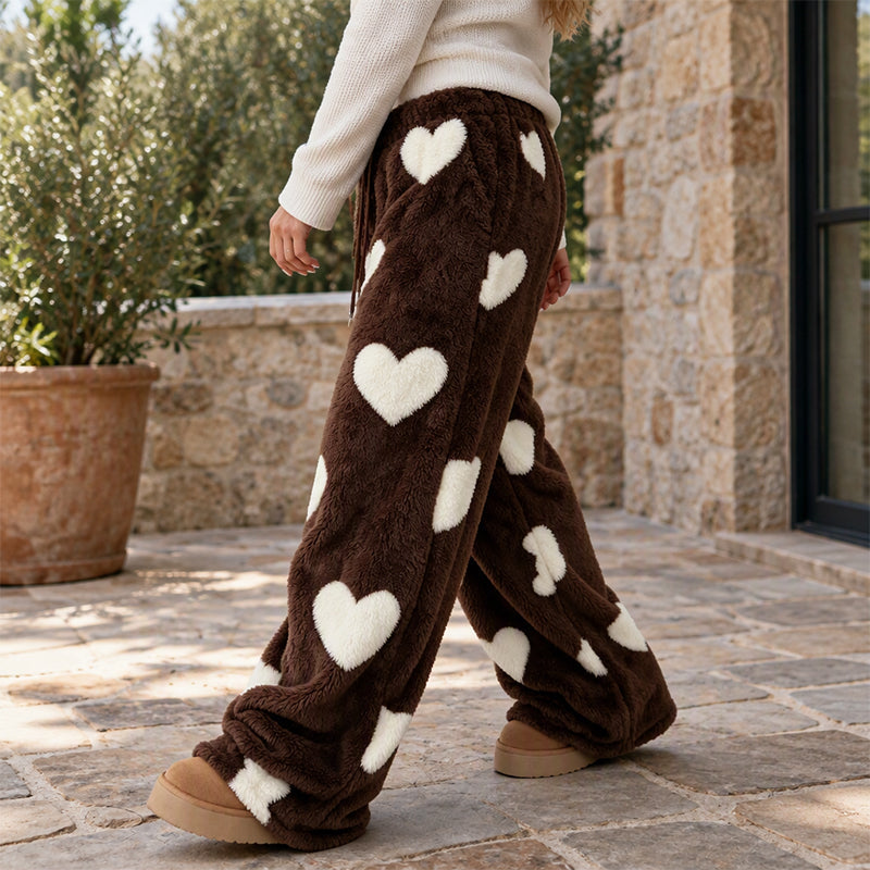 👖 Damen Plüschhose Herzprint weit