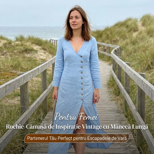 Rochie cămașă cu mânecă lungă, inspirată de stilul vintage