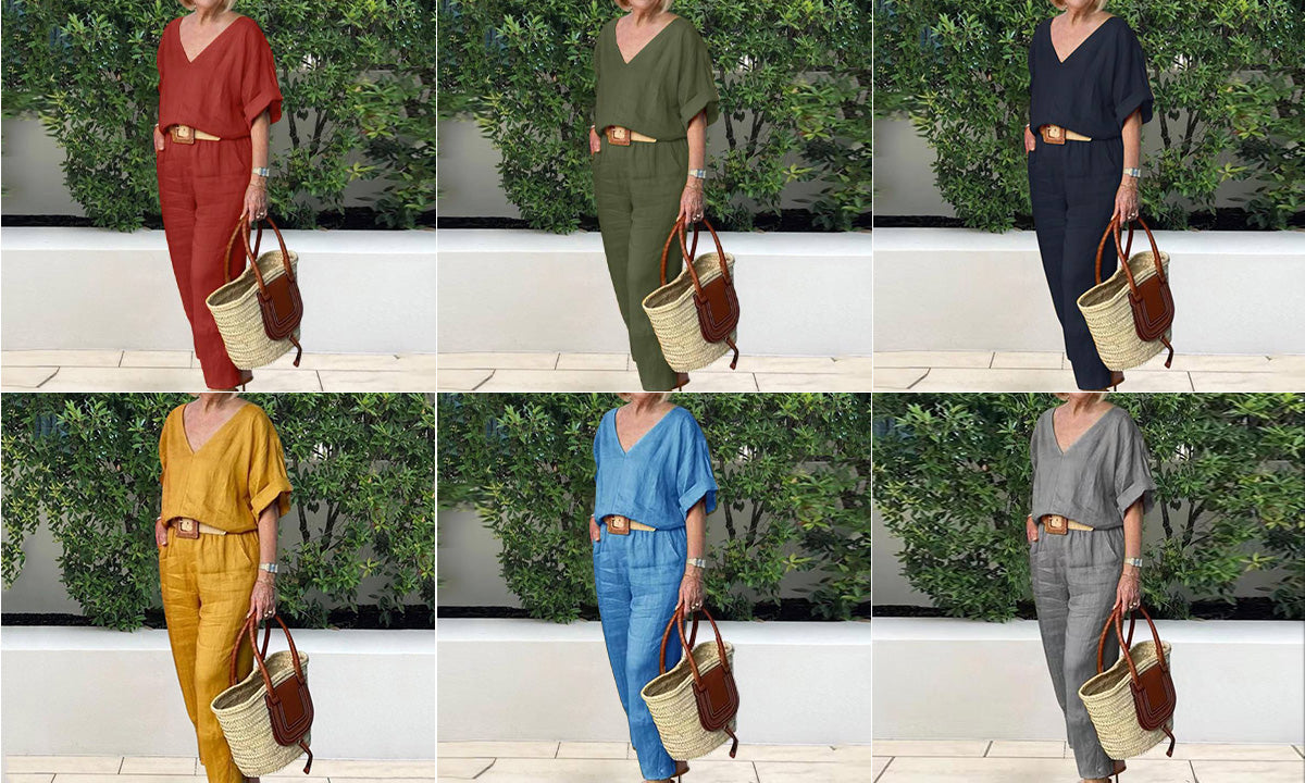 Bluză largă cu decolteu în V și pantaloni cu buzunare-7